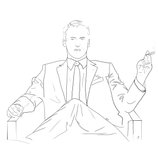 Portrait de Don Draper de Mad Men, fumant avec assurance dans un fauteuil