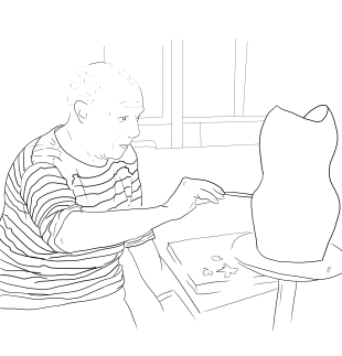 Picasso en train de peindre un buste vêtu d'un polo rayé