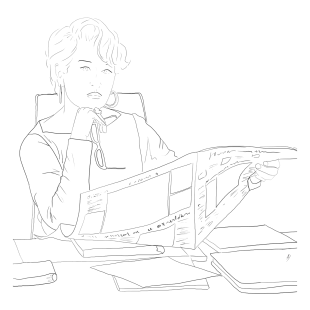 Miranda Priestly du film Le Diable s'habille en Prada, en train de lire le journal, accoudée à son bureau avec ses lunettes